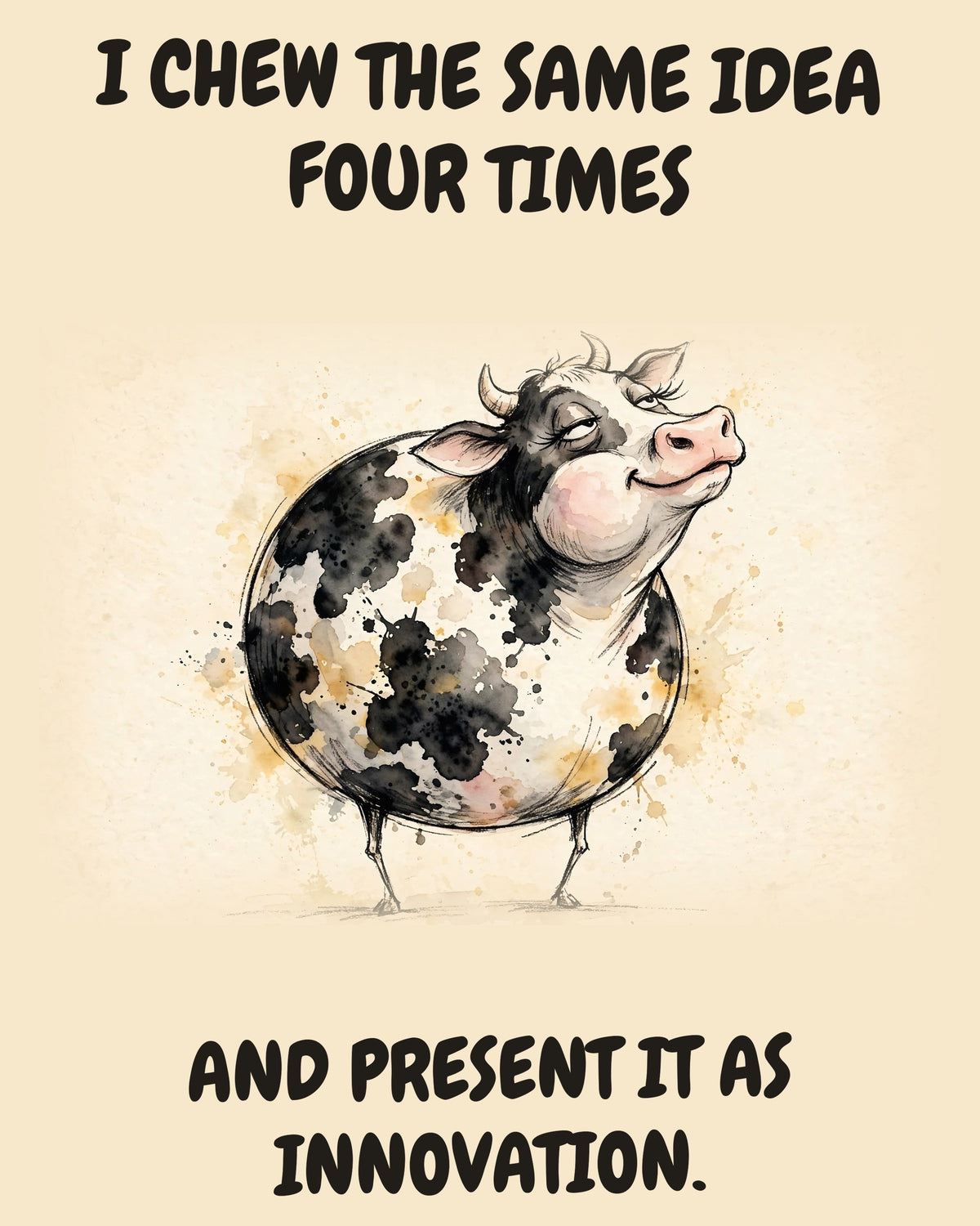 Cow watercolor art print with the saying "I CHEW THE SAME IDEA FOUR TIMES AND PRESENT IT AS INNOVATION."