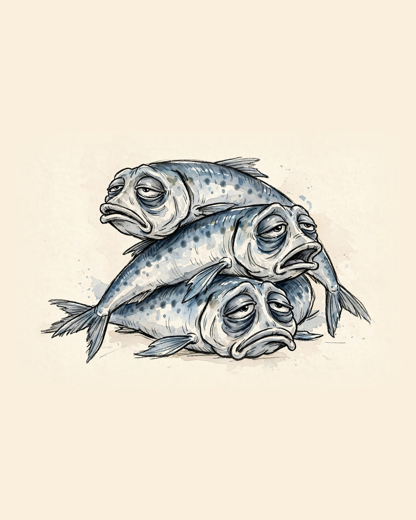 Wordless exhausted Sardines watercolor art print — the artwork alone on a warm cream background, no text