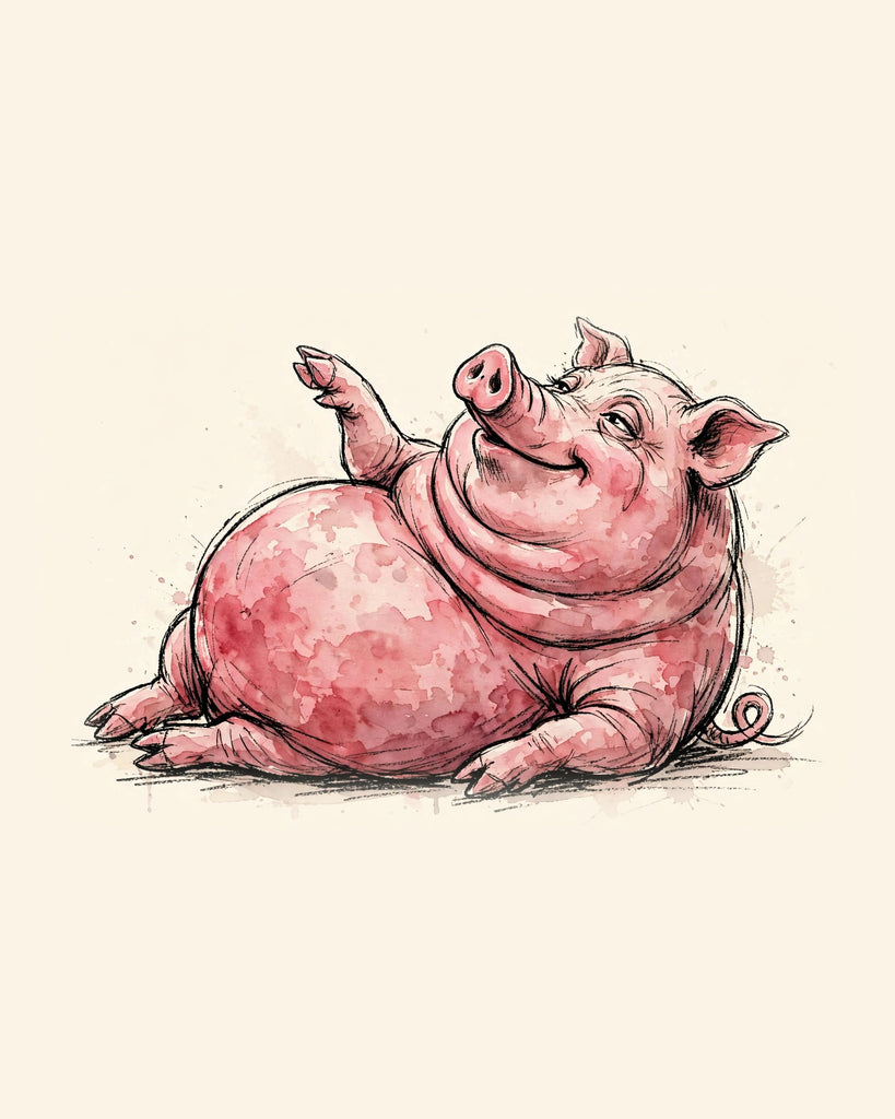 Wordless smug Pig watercolor art print — the artwork alone on a warm cream background, no text