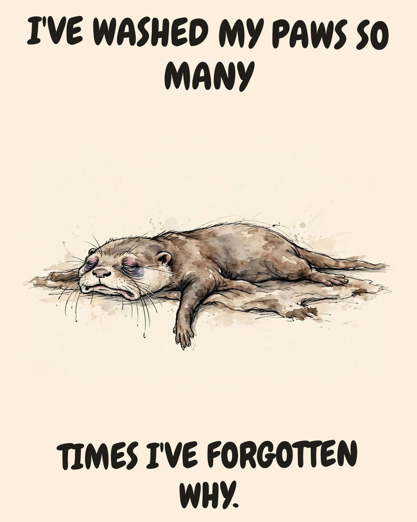 Otter watercolor art print with the saying "I'VE WASHED MY PAWS SO MANY TIMES I'VE FORGOTTEN WHY."