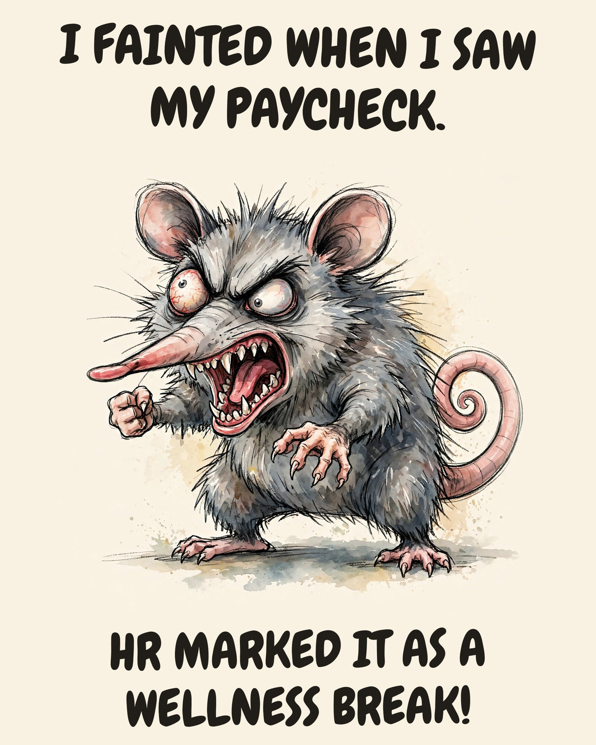 Possum watercolor art print with the saying "I FAINTED WHEN I SAW MY PAYCHECK. HR MARKED IT AS A WELLNESS BREAK!"