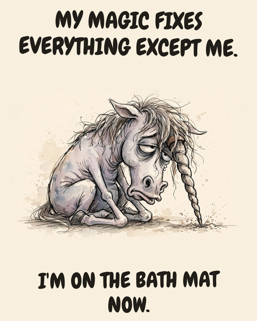 Unicorn watercolor art print with the saying "MY MAGIC FIXES EVERYTHING EXCEPT ME. I'M ON THE BATH MAT NOW."