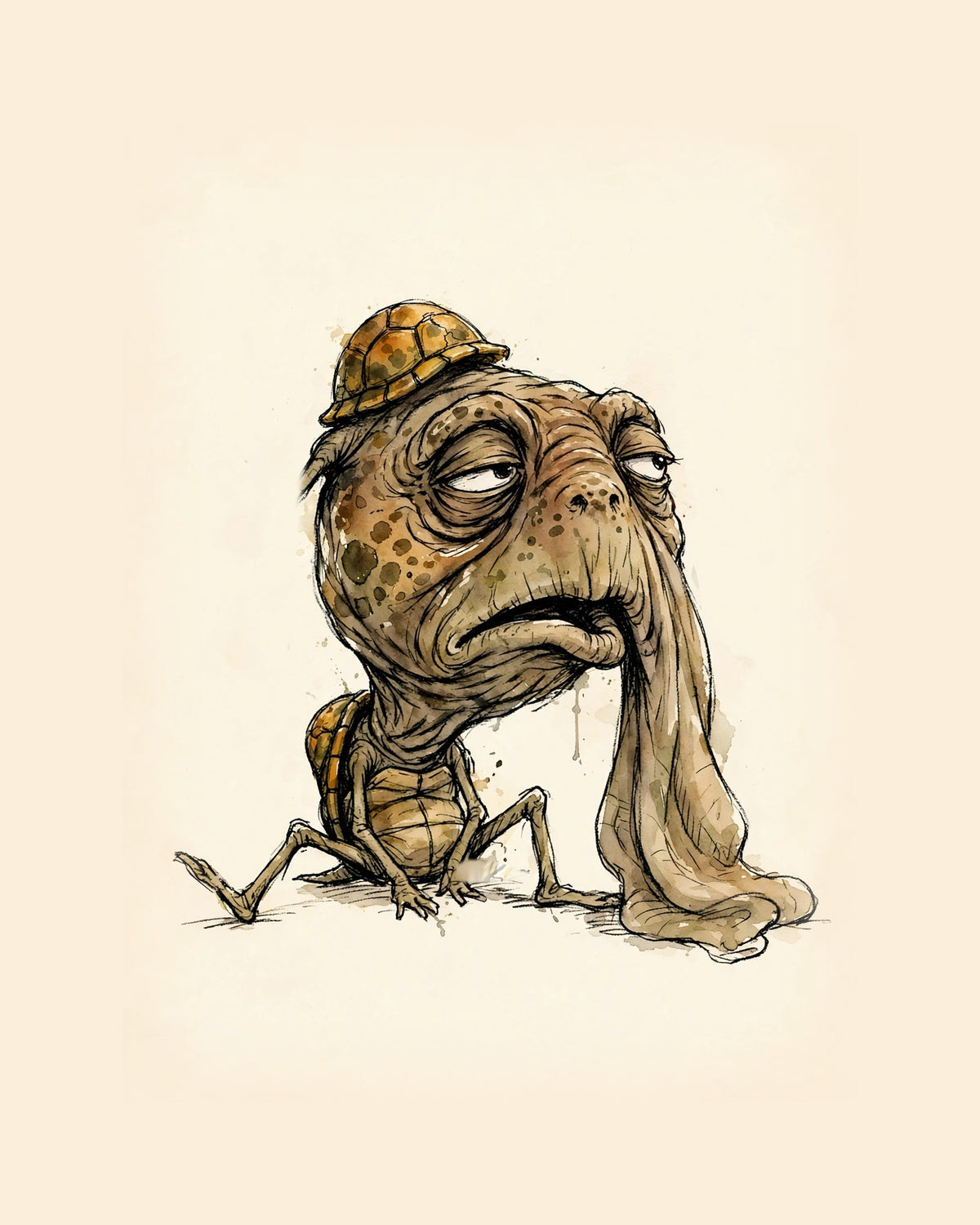 Wordless judgmental Turtle watercolor art print — the artwork alone on a warm cream background, no text