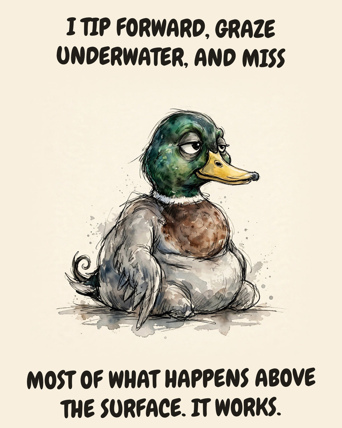 Unbothered Mallard office art print in watercolor style, an unbothered mallard in a moment of perfect workplace serenity, captioned “I TIP FORWARD, GRAZE UNDERWATER, AND MISS MOST OF WHAT HAPPENS ABOVE THE SURFACE. IT WORKS.”
