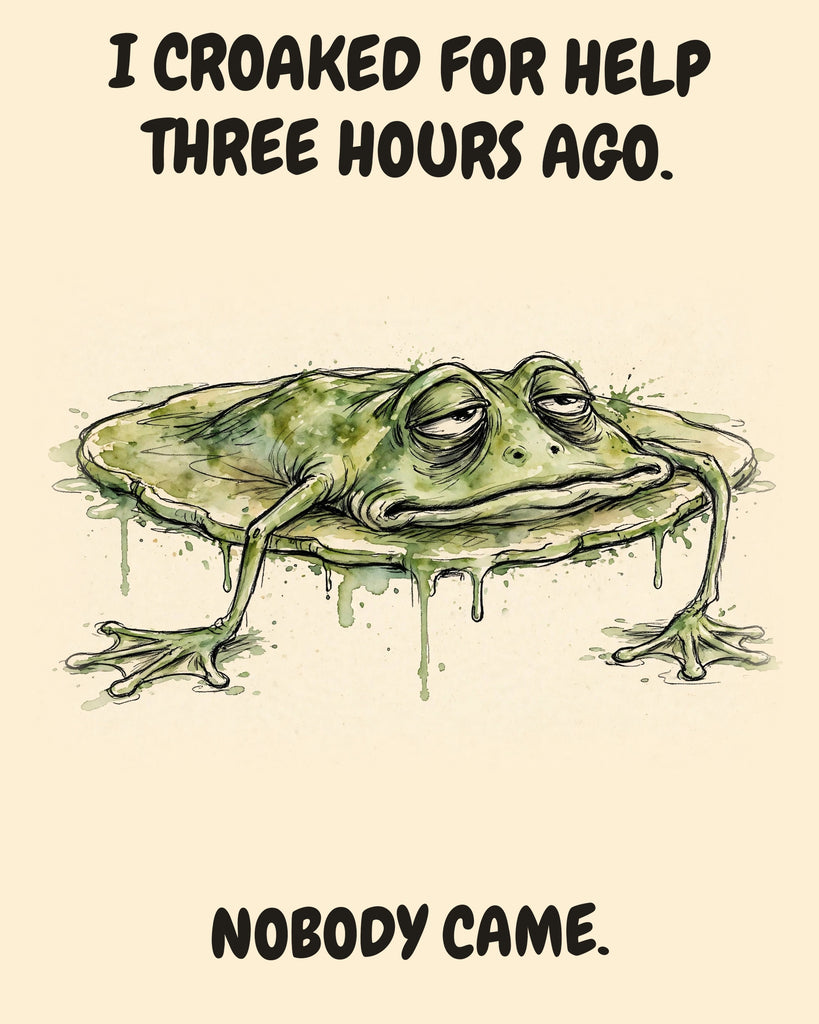 Frog watercolor art print with the saying "I CROAKED FOR HELP THREE HOURS AGO. NOBODY CAME."