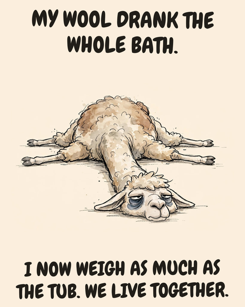 Llama watercolor art print with the saying "MY WOOL DRANK THE WHOLE BATH. I NOW WEIGH AS MUCH AS THE TUB. WE LIVE TOGETHER."