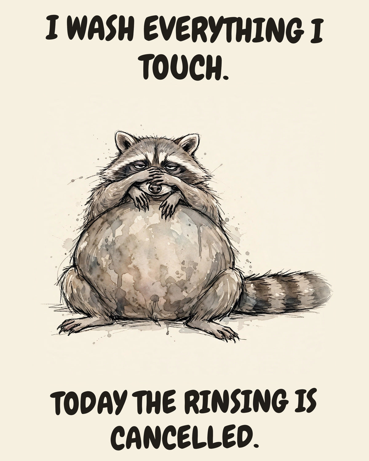 Raccoon watercolor art print with the saying "I WASH EVERYTHING I TOUCH. TODAY THE RINSING IS CANCELLED."