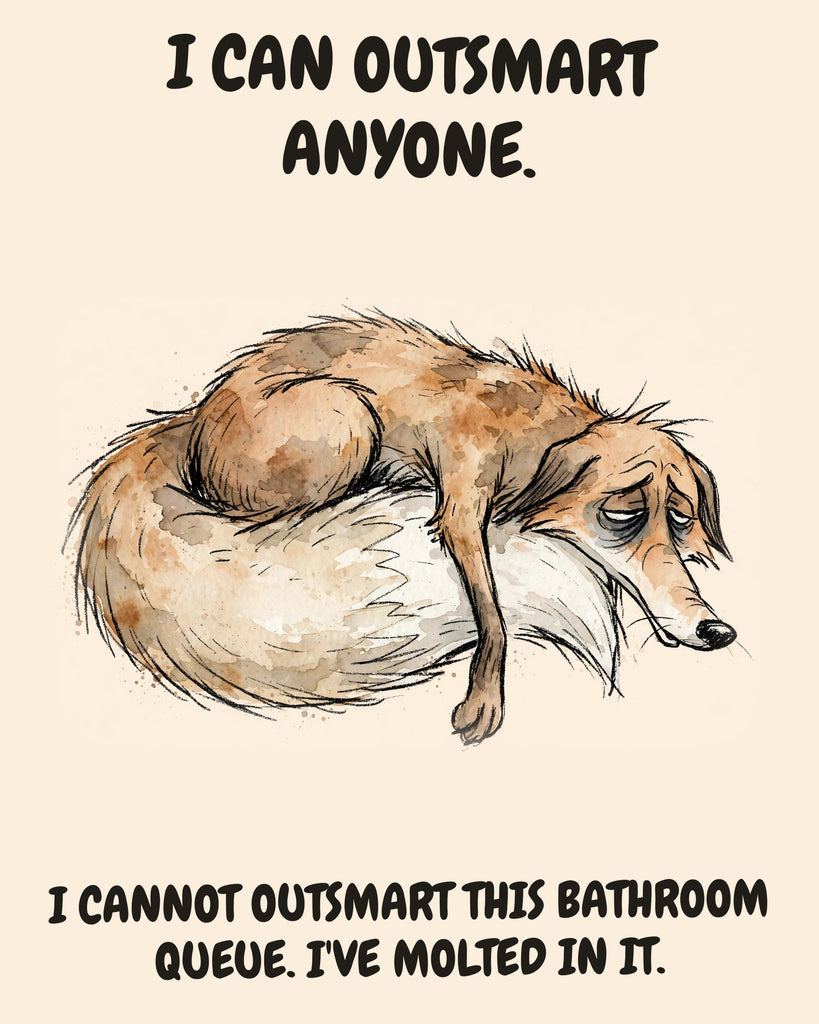 Fox watercolor art print with the saying "I CAN OUTSMART ANYONE. I CANNOT OUTSMART THIS BATHROOM QUEUE. I'VE MOLTED IN IT."