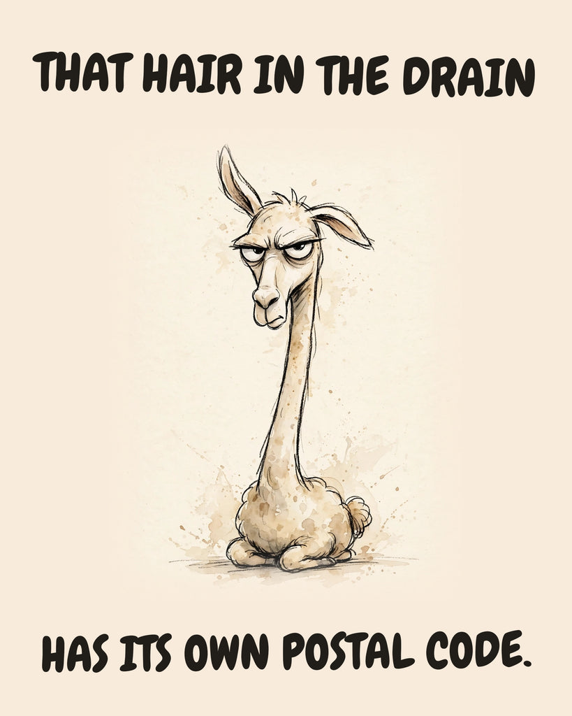 Llama watercolor art print with the saying "THAT HAIR IN THE DRAIN HAS ITS OWN POSTAL CODE."