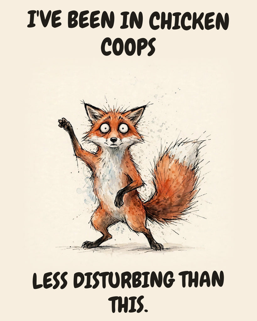 Fox watercolor art print with the saying "I'VE BEEN IN CHICKEN COOPS LESS DISTURBING THAN THIS."
