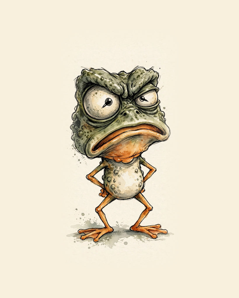 Wordless furious Frog watercolor art print — the artwork alone on a warm cream background, no text