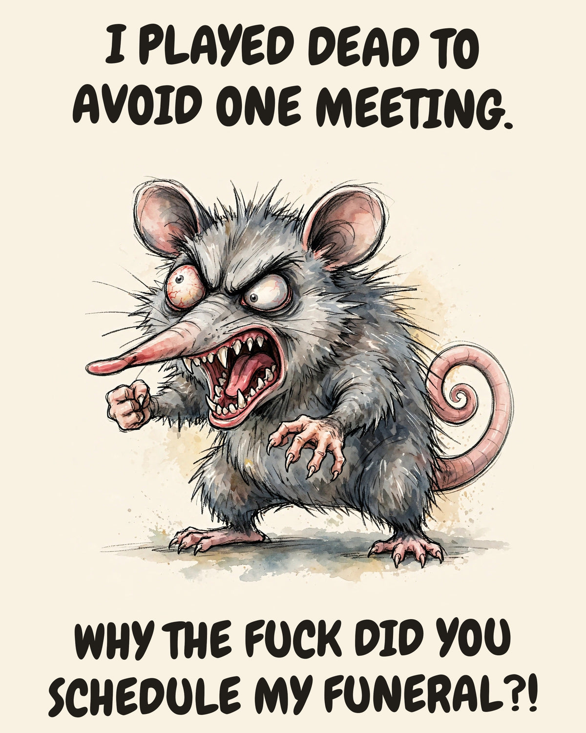 Possum watercolor art print with the saying "I PLAYED DEAD TO AVOID ONE MEETING. WHY THE FUCK DID YOU SCHEDULE MY FUNERAL?!"