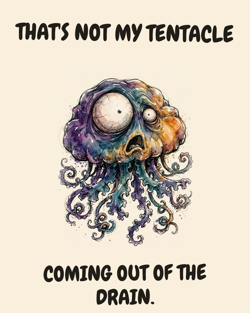 Jellyfish watercolor art print with the saying "THAT'S NOT MY TENTACLE COMING OUT OF THE DRAIN."