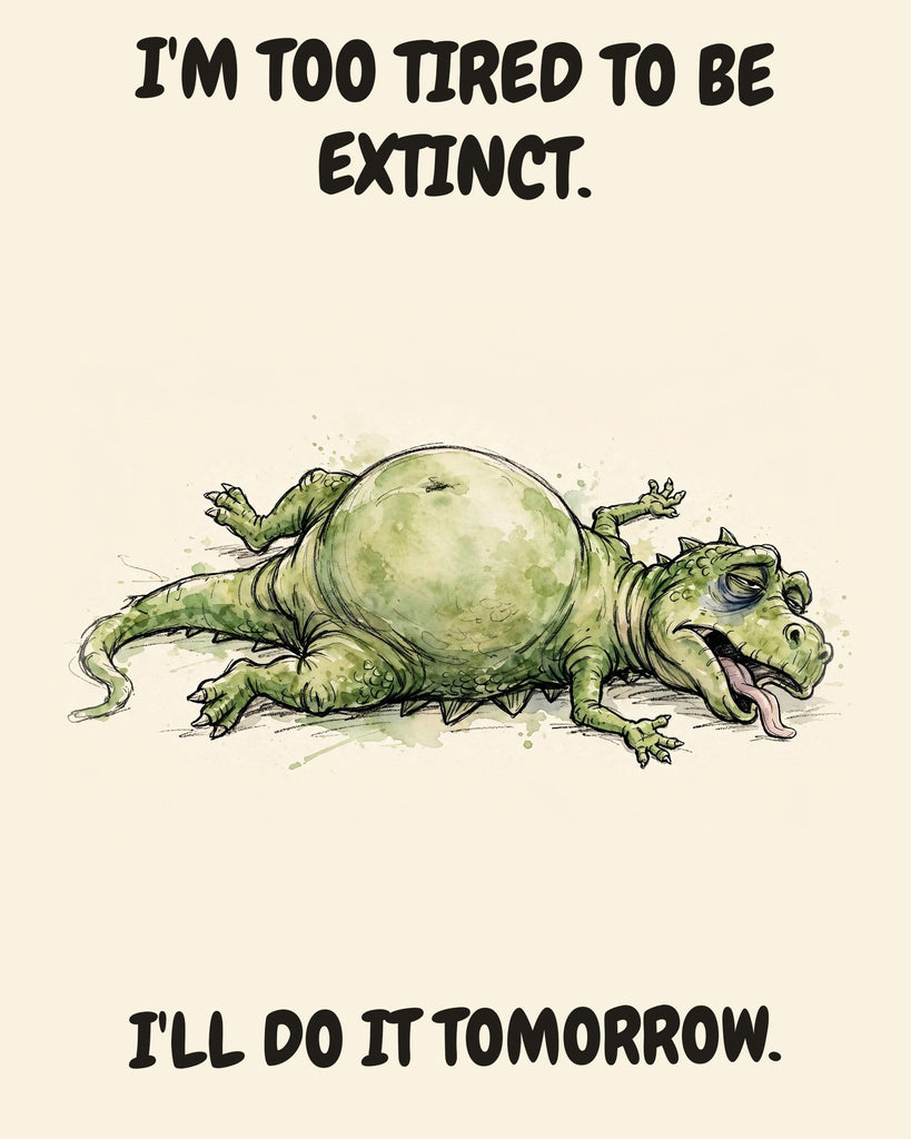 Green Dinosaur watercolor art print with the saying "I'M TOO TIRED TO BE EXTINCT. I'LL DO IT TOMORROW."