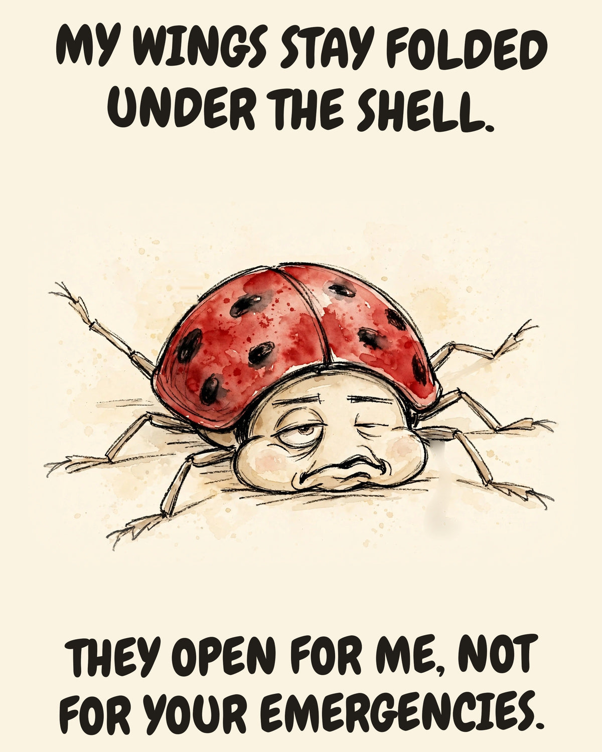 Unbothered Ladybug office art print in watercolor style, an unbothered ladybug in a moment of perfect workplace serenity, captioned “MY WINGS STAY FOLDED UNDER THE SHELL. THEY OPEN FOR ME, NOT FOR YOUR EMERGENCIES.”