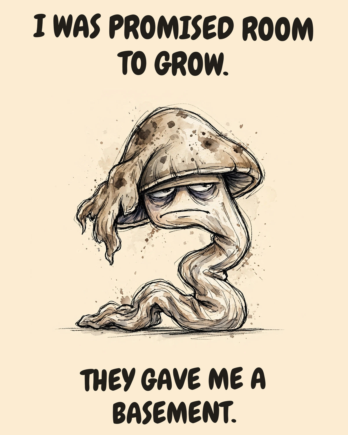 Mushroom watercolor art print with the saying "I WAS PROMISED ROOM TO GROW. THEY GAVE ME A BASEMENT."