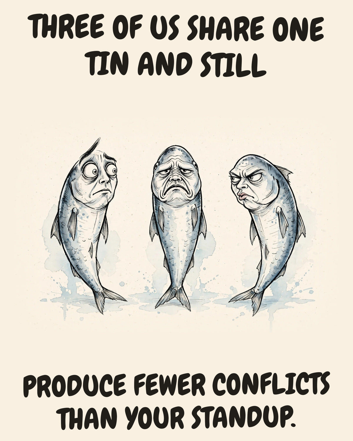 Sardines watercolor art print with the saying "THREE OF US SHARE ONE TIN AND STILL PRODUCE FEWER CONFLICTS THAN YOUR STANDUP."