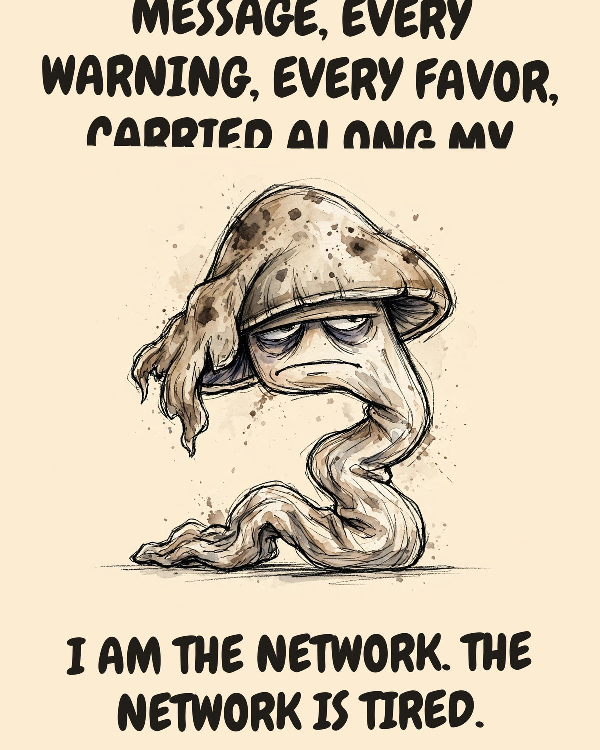 Mushroom watercolor art print with the saying "THE WHOLE FOREST TALKS THROUGH ME. EVERY MESSAGE, EVERY WARNING, EVERY FAVOR, CARRIED ALONG MY THREADS UNDERGROUND. I AM THE NETWORK. THE NETWORK IS TIRED."