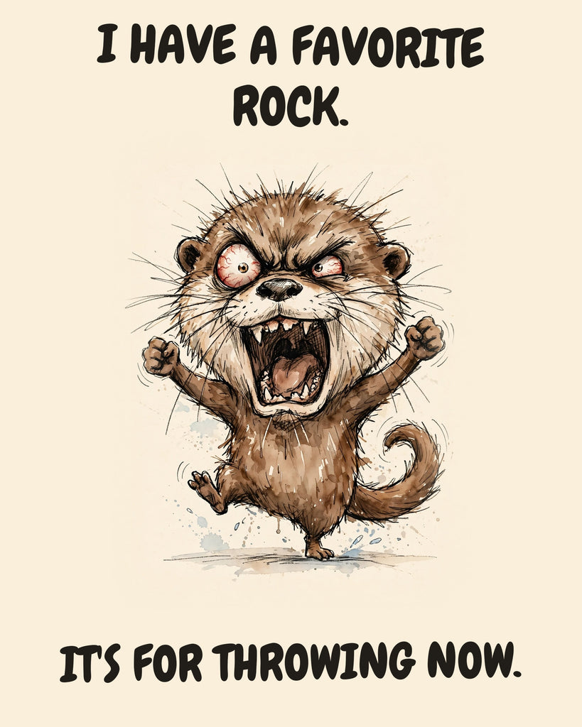 Otter watercolor art print with the saying "I HAVE A FAVORITE ROCK. IT'S FOR THROWING NOW."