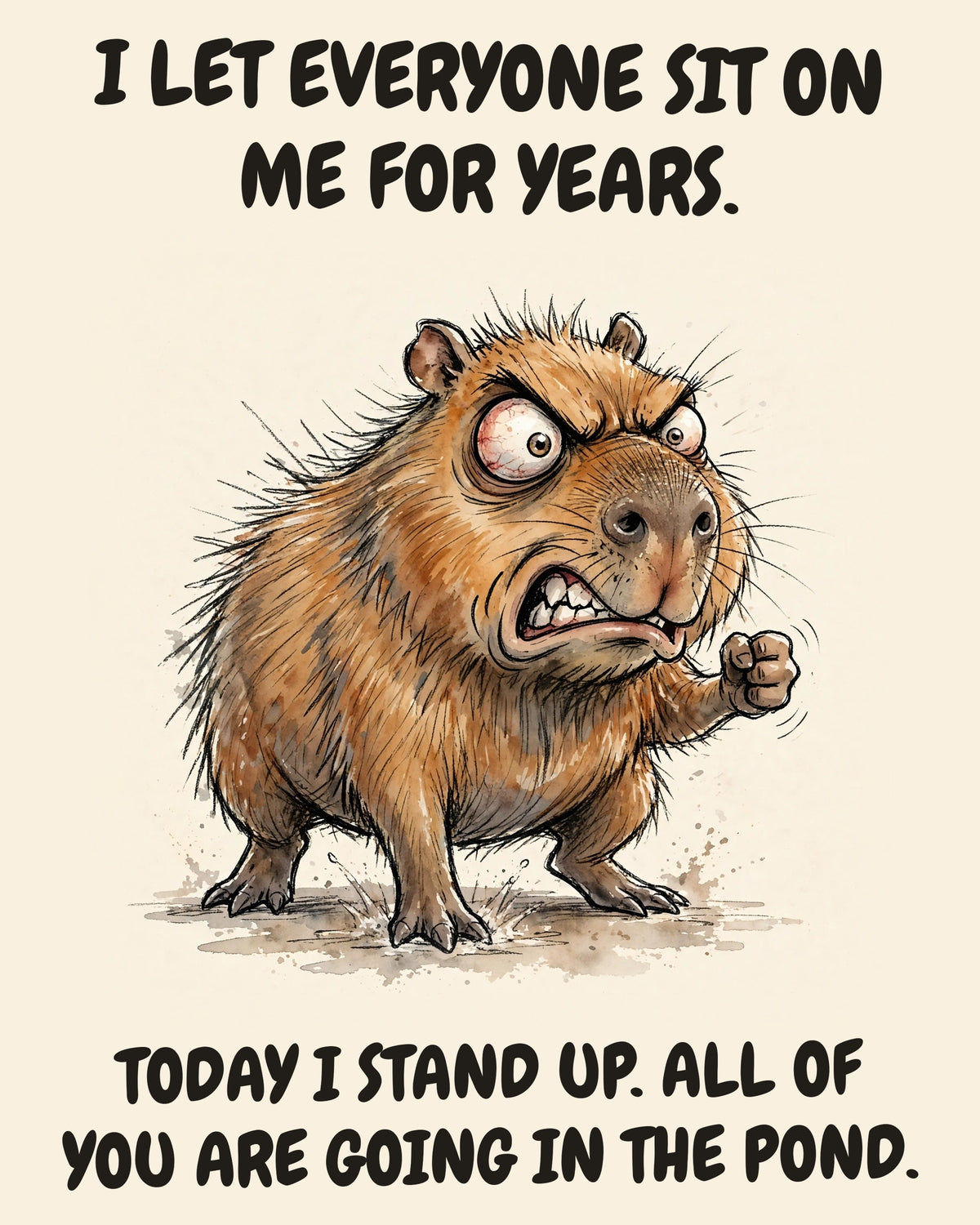 Capybara watercolor art print with the saying "I LET EVERYONE SIT ON ME FOR YEARS. TODAY I STAND UP. ALL OF YOU ARE GOING IN THE POND."