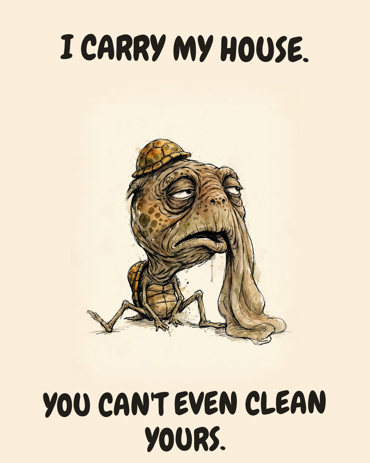 Turtle watercolor art print with the saying "I CARRY MY HOUSE. YOU CAN'T EVEN CLEAN YOURS."