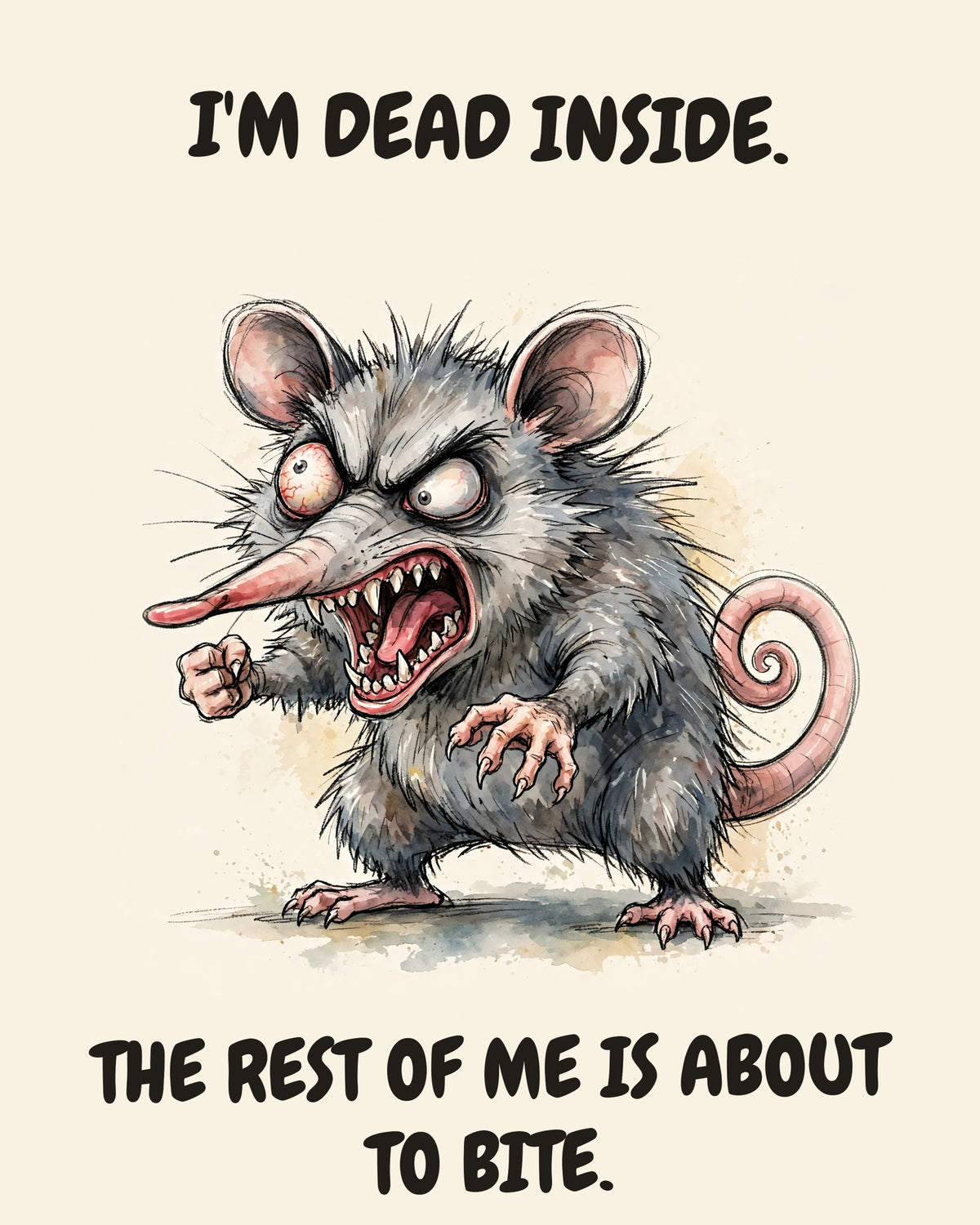 Possum watercolor art print with the saying "I'M DEAD INSIDE. THE REST OF ME IS ABOUT TO BITE."
