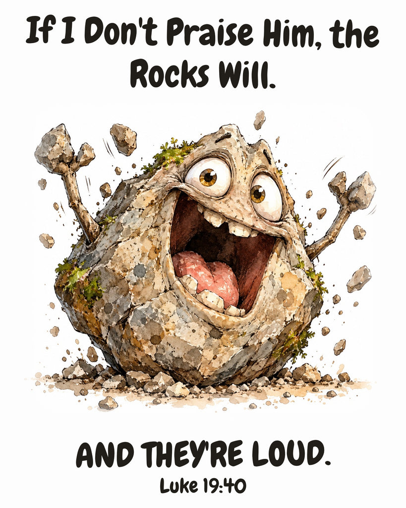 HOLY MOLY! Screaming Rock watercolor art print with the headline "If I Don't Praise Him, the Rocks Will. AND THEY'RE LOUD." — Luke 19:40