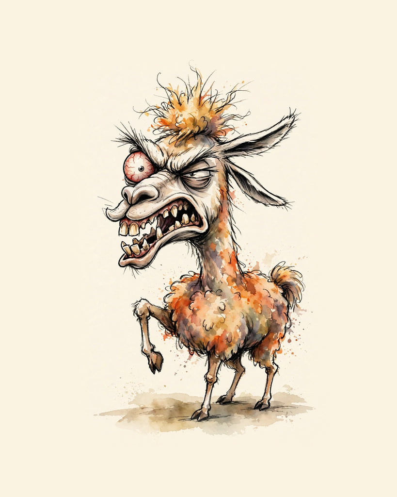 Wordless furious Llama watercolor art print — the artwork alone on a warm cream background, no text