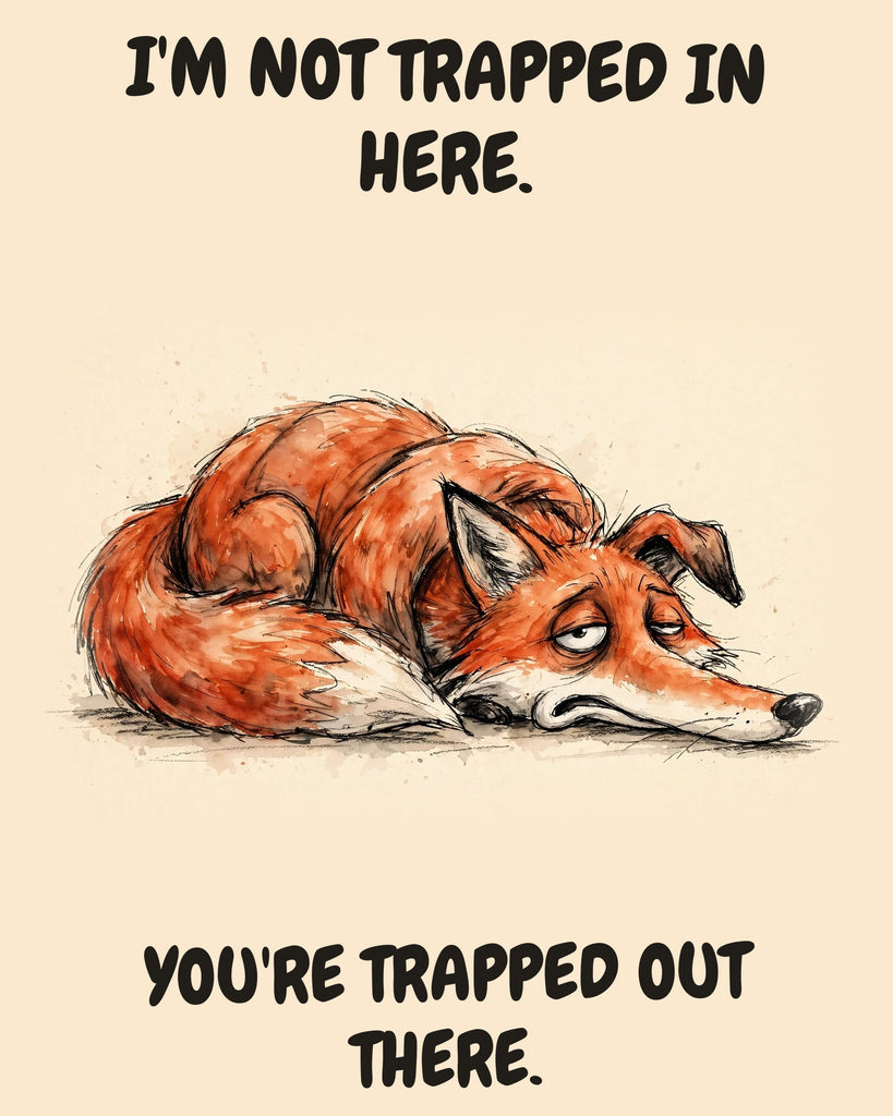 Fox watercolor art print with the saying "I'M NOT TRAPPED IN HERE. YOU'RE TRAPPED OUT THERE."