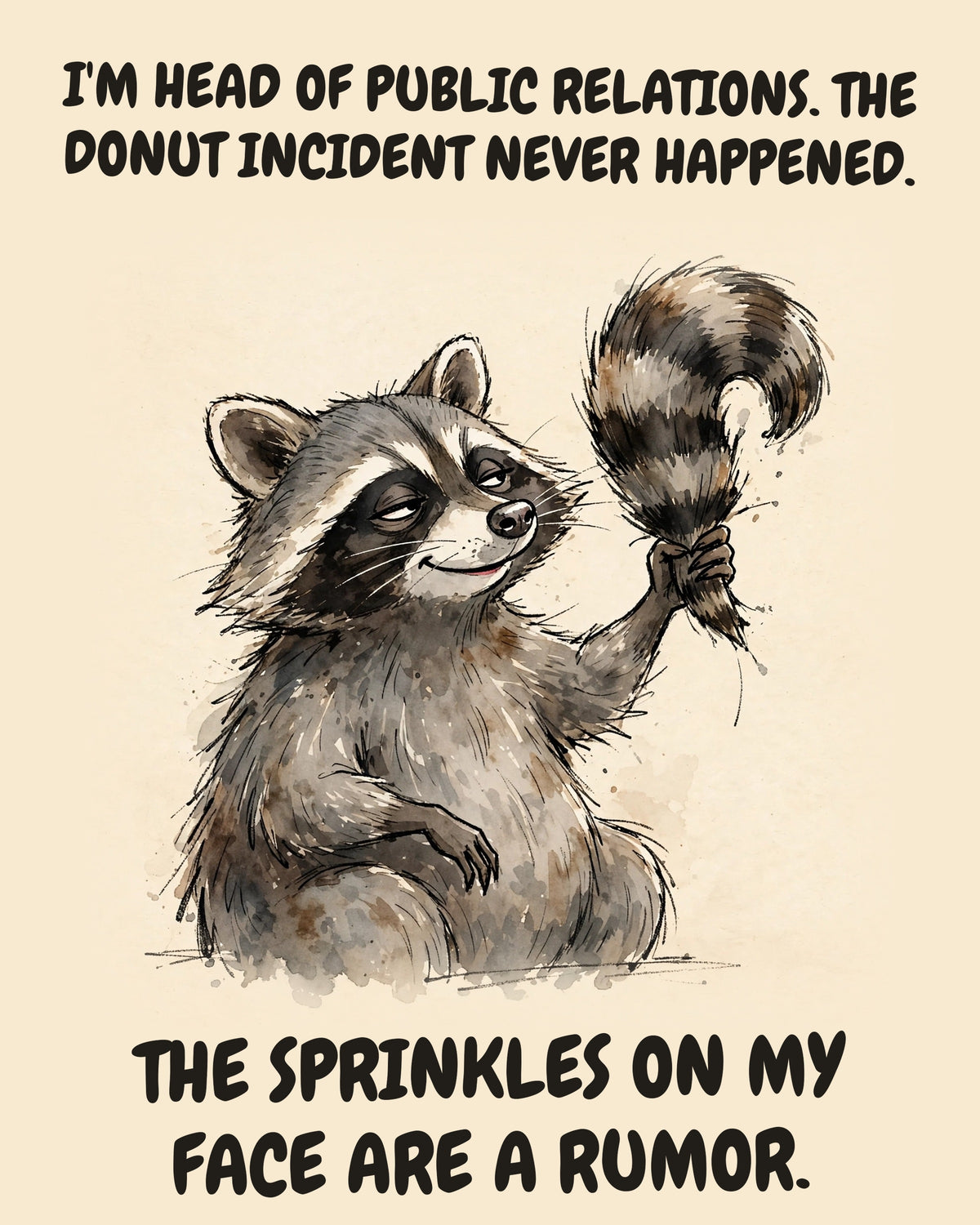 Raccoon watercolor art print with the saying "I'M HEAD OF PUBLIC RELATIONS. THE DONUT INCIDENT NEVER HAPPENED. THE SPRINKLES ON MY FACE ARE A RUMOR."