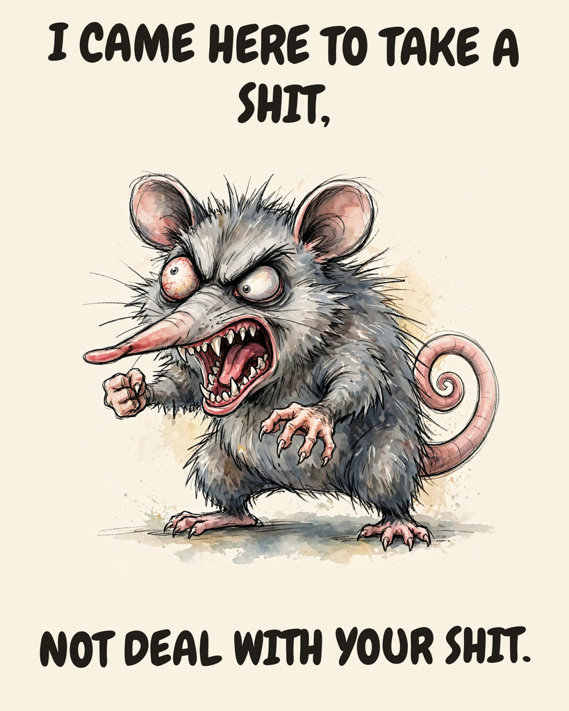 Possum watercolor art print with the saying "I CAME HERE TO TAKE A SHIT, NOT DEAL WITH YOUR SHIT."