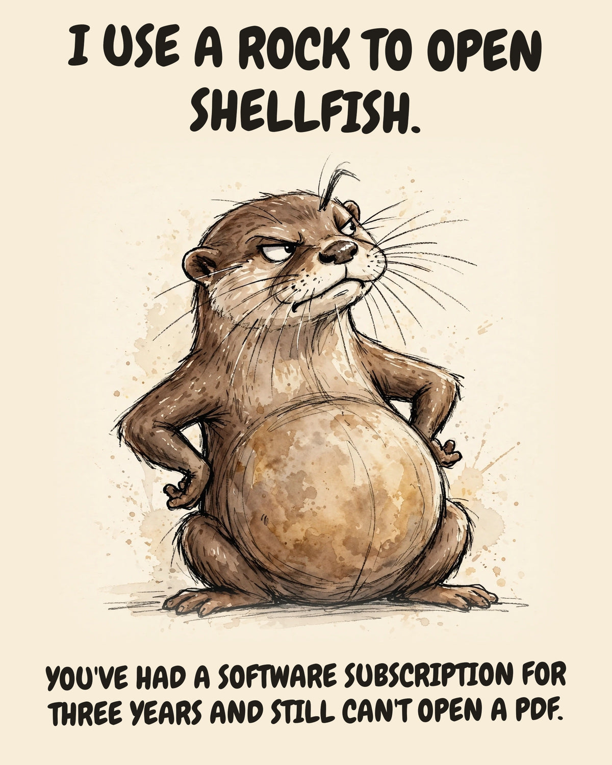 Otter watercolor art print with the saying "I USE A ROCK TO OPEN SHELLFISH. YOU'VE HAD A SOFTWARE SUBSCRIPTION FOR THREE YEARS AND STILL CAN'T OPEN A PDF."