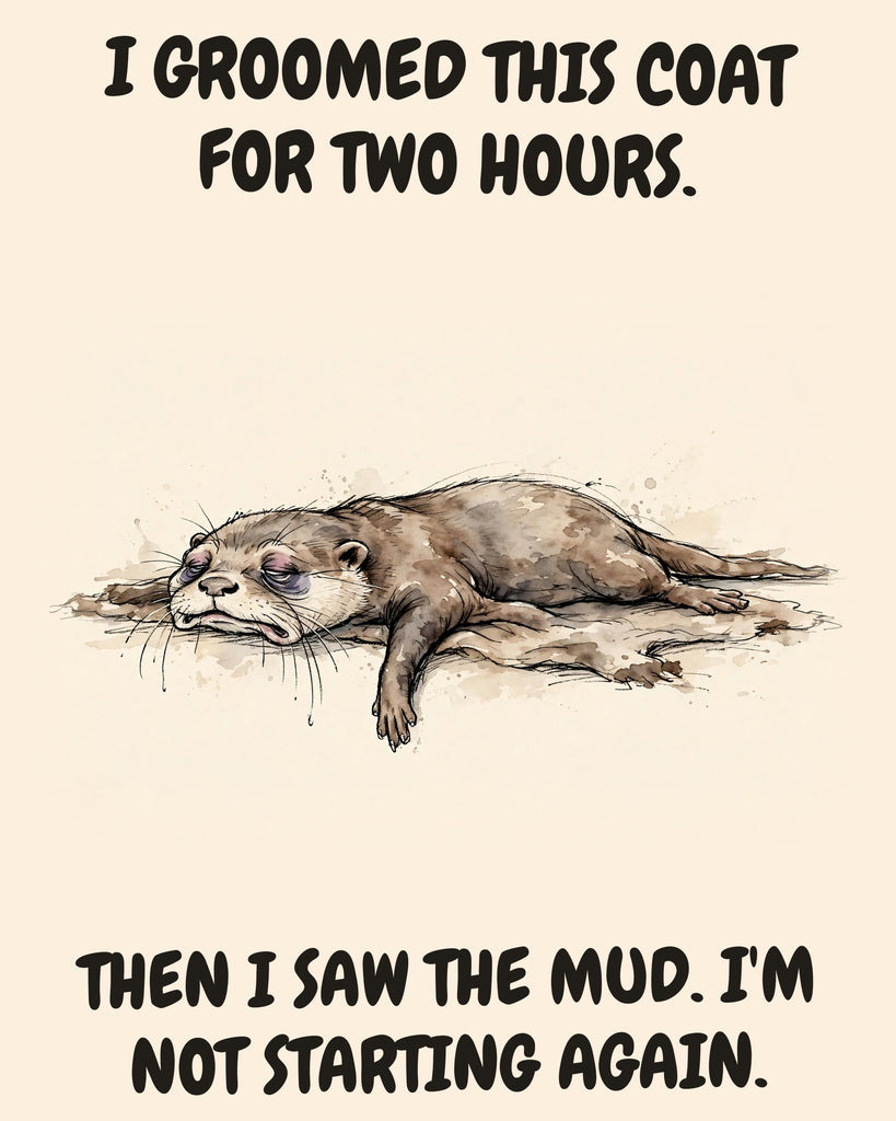Otter watercolor art print with the saying "I GROOMED THIS COAT FOR TWO HOURS. THEN I SAW THE MUD. I'M NOT STARTING AGAIN."