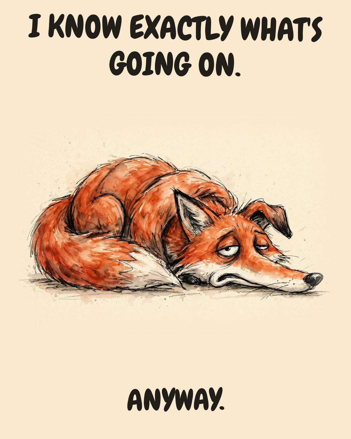 Unbothered Fox office art print in watercolor style, an unbothered fox in a moment of perfect workplace serenity, captioned “I KNOW EXACTLY WHAT'S GOING ON. ANYWAY.”