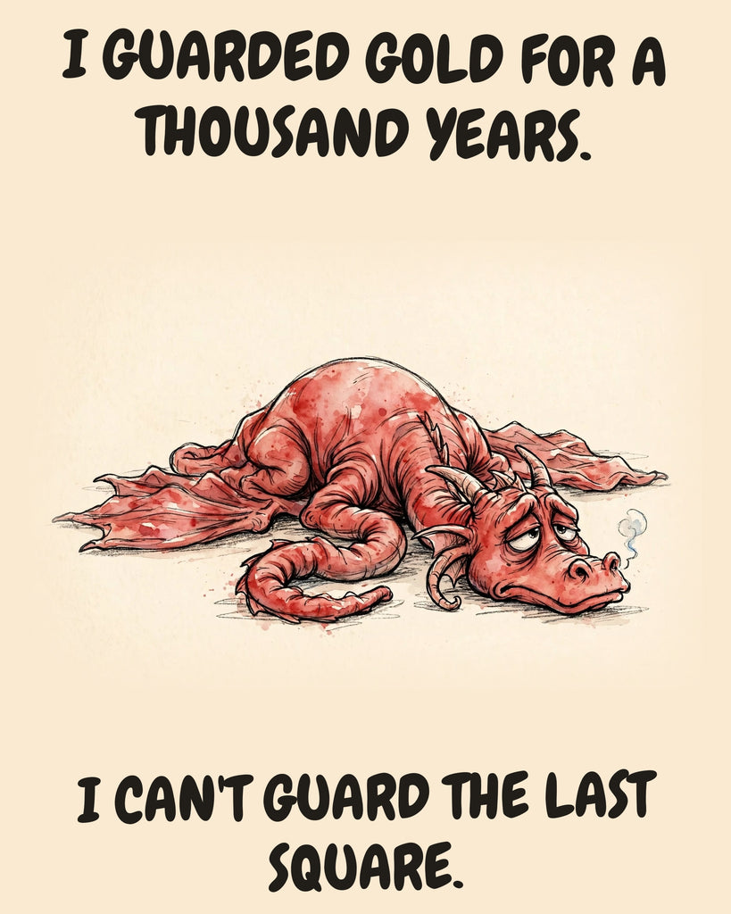 Red Dragon watercolor art print with the saying "I GUARDED GOLD FOR A THOUSAND YEARS. I CAN'T GUARD THE LAST SQUARE."