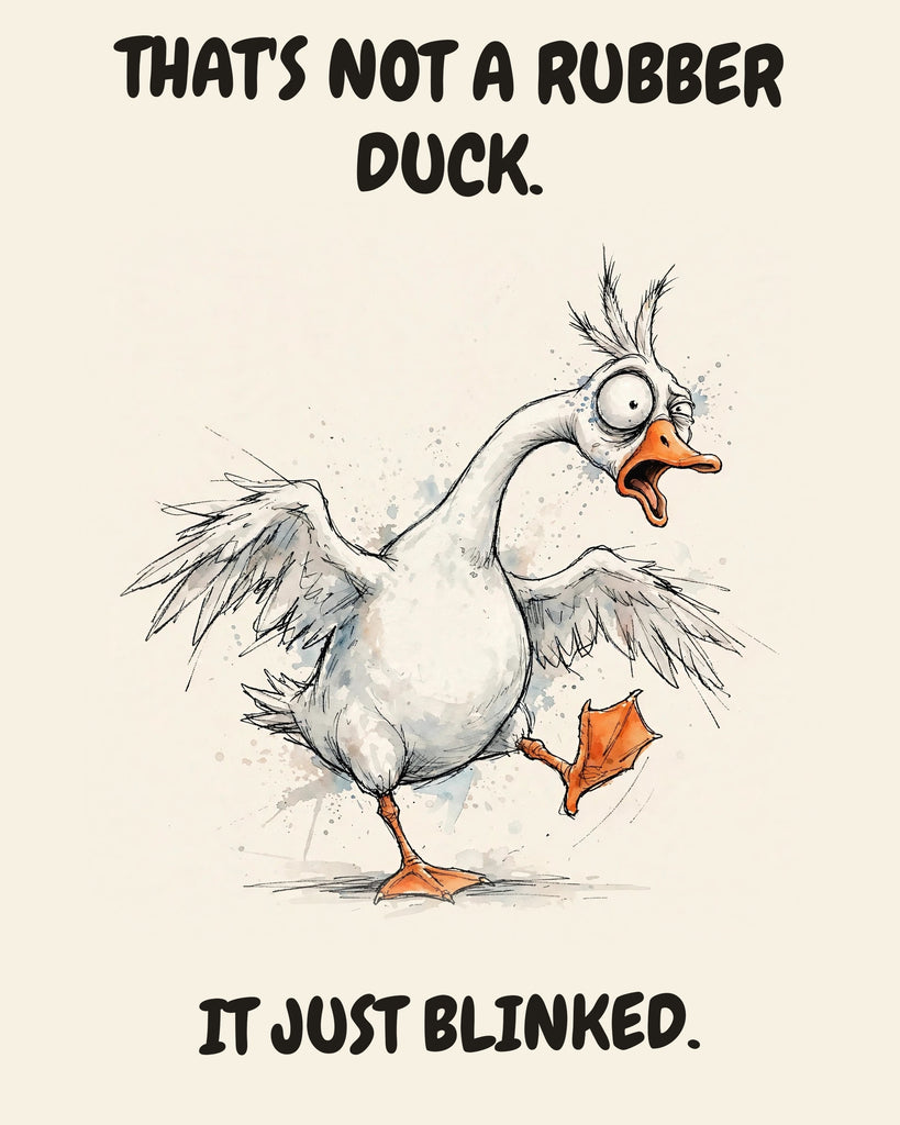 Goose watercolor art print with the saying "THAT'S NOT A RUBBER DUCK. IT JUST BLINKED."