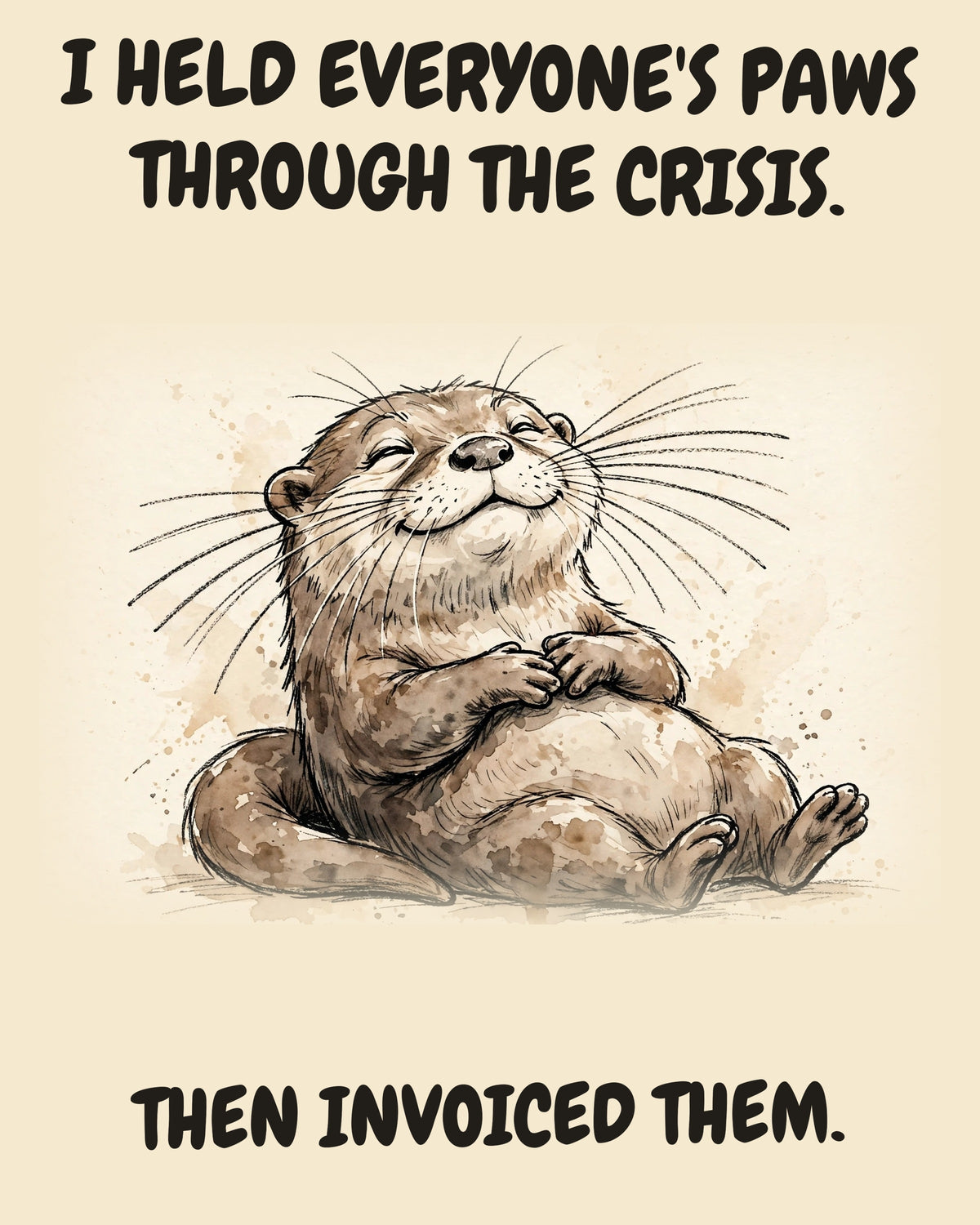 Otter watercolor art print with the saying "I HELD EVERYONE'S PAWS THROUGH THE CRISIS. THEN INVOICED THEM."