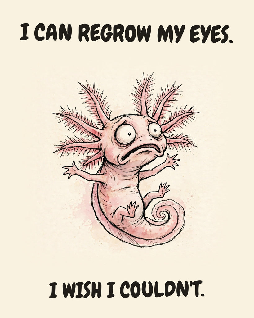 Axolotl watercolor art print with the saying "I CAN REGROW MY EYES. I WISH I COULDN'T."