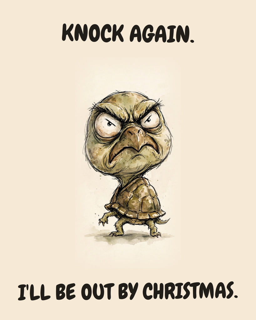 Turtle watercolor art print with the saying "KNOCK AGAIN. I'LL BE OUT BY CHRISTMAS."