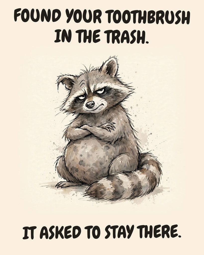 Raccoon watercolor art print with the saying "FOUND YOUR TOOTHBRUSH IN THE TRASH. IT ASKED TO STAY THERE."