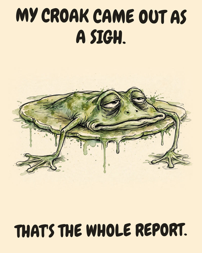 Frog watercolor art print with the saying "MY CROAK CAME OUT AS A SIGH. THAT'S THE WHOLE REPORT."