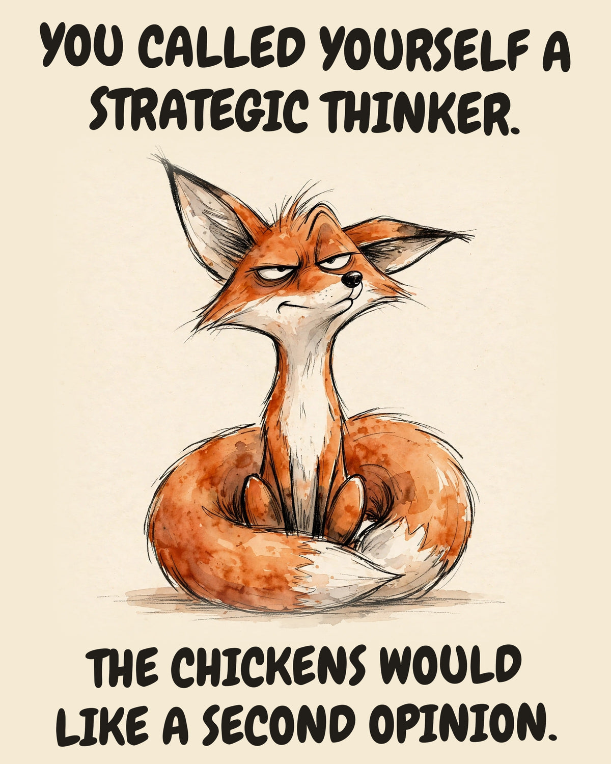 Fox watercolor art print with the saying "YOU CALLED YOURSELF A STRATEGIC THINKER. THE CHICKENS WOULD LIKE A SECOND OPINION."