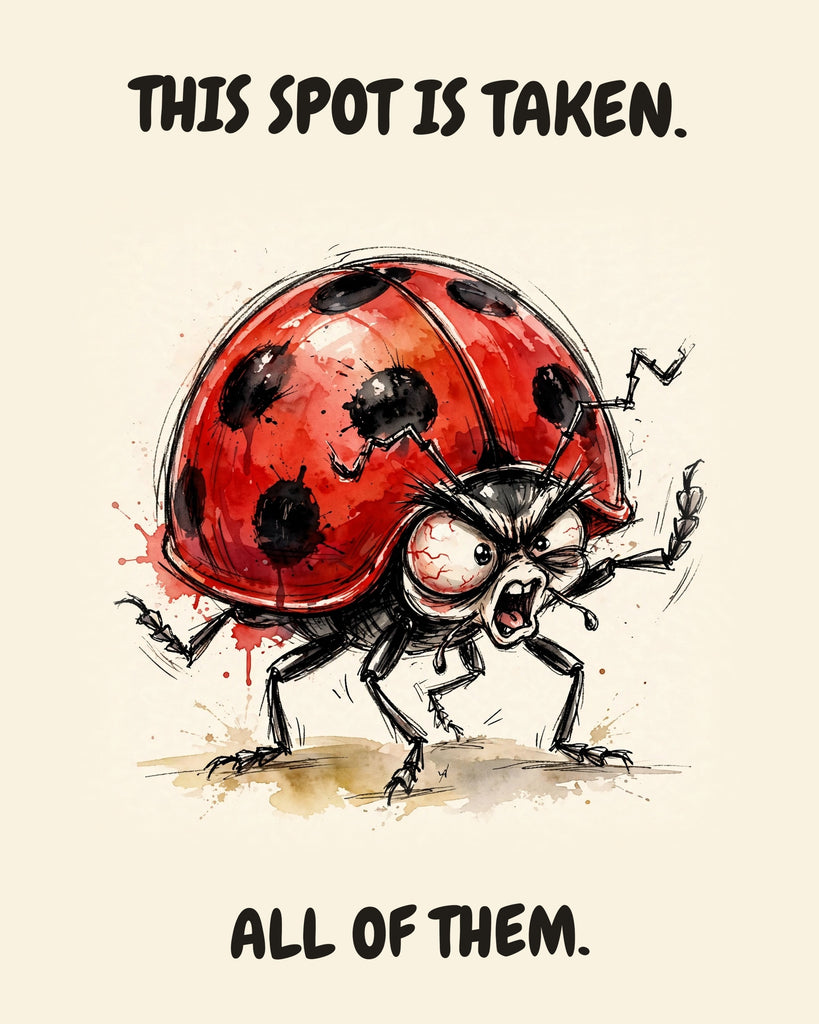 Ladybug watercolor art print with the saying "THIS SPOT IS TAKEN. ALL OF THEM."