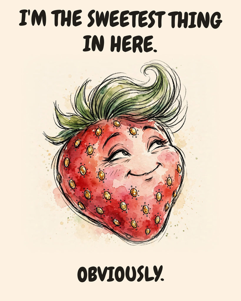 Strawberry watercolor art print with the saying "I'M THE SWEETEST THING IN HERE. OBVIOUSLY."