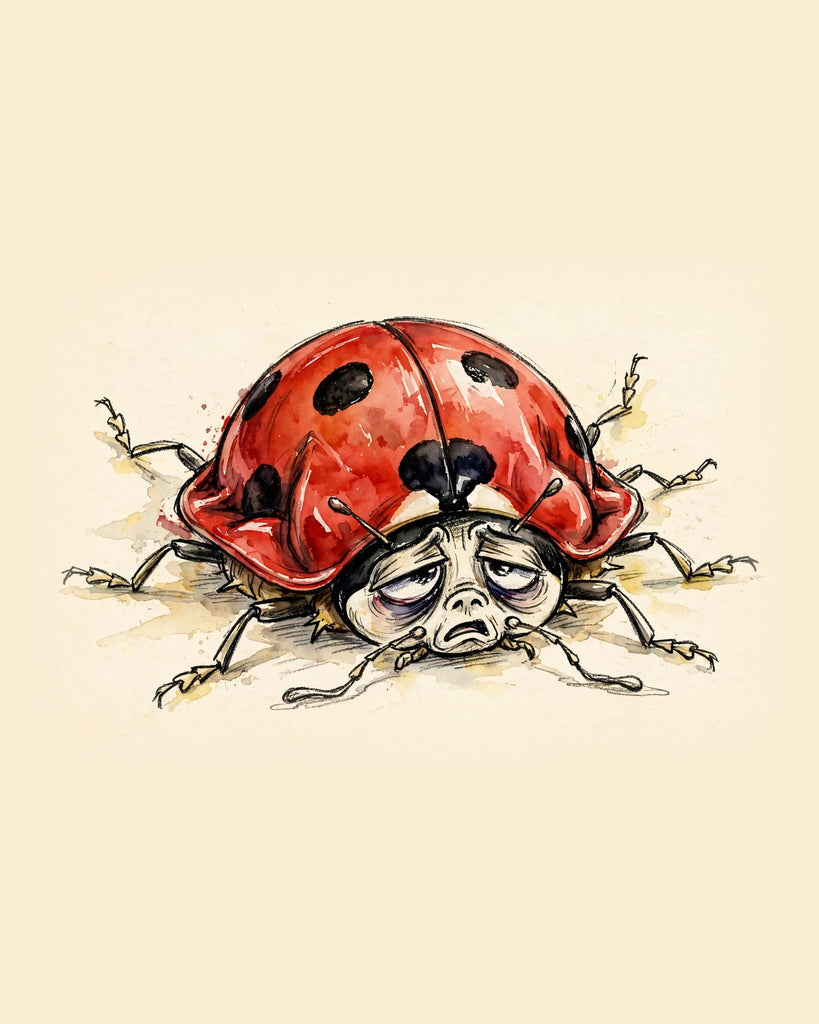 Wordless exhausted Ladybug watercolor art print — the artwork alone on a warm cream background, no text