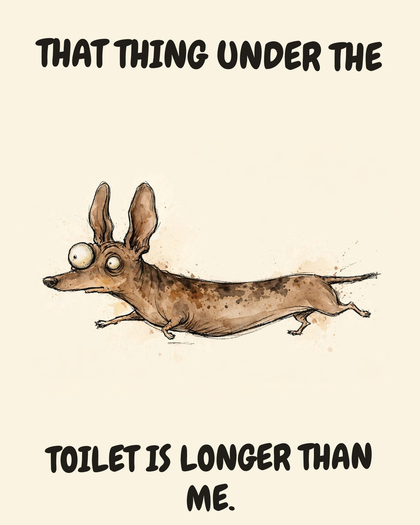 Dachshund watercolor art print with the saying "THAT THING UNDER THE TOILET IS LONGER THAN ME."