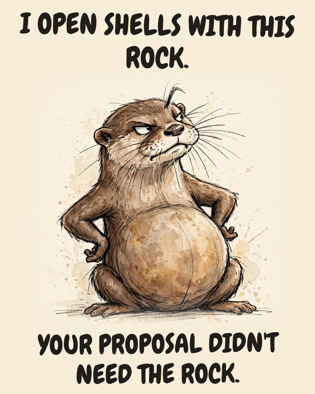 Otter watercolor art print with the saying "I OPEN SHELLS WITH THIS ROCK. YOUR PROPOSAL DIDN'T NEED THE ROCK."