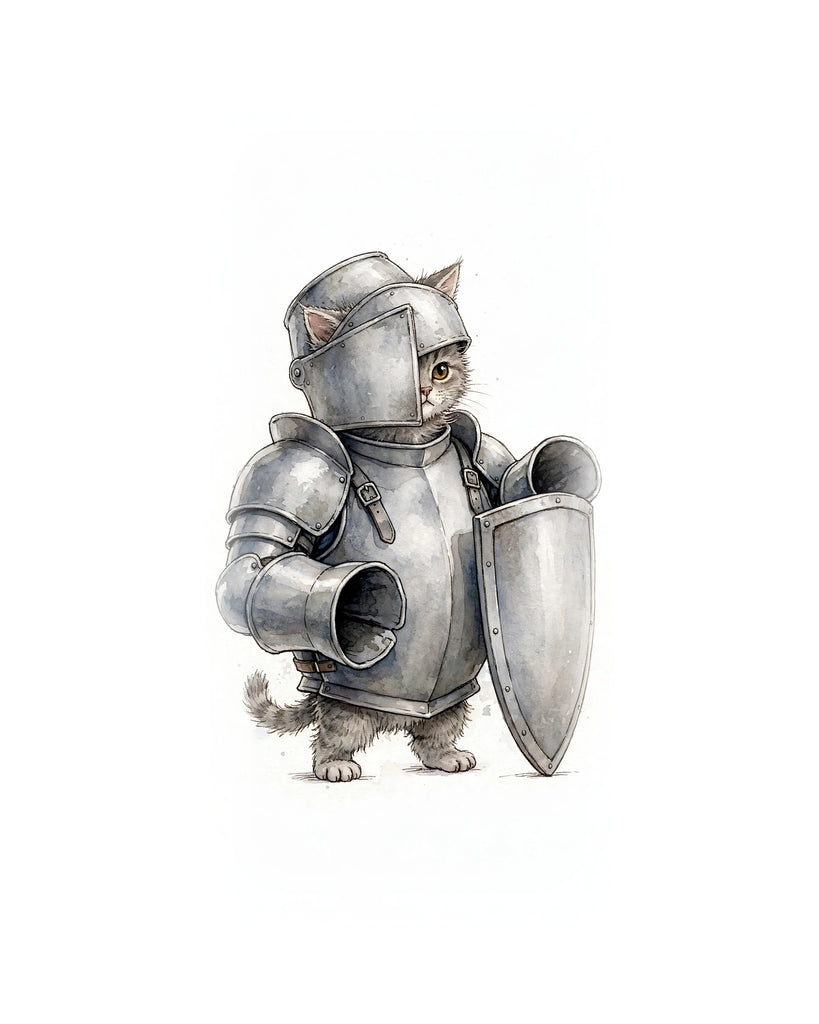 Wordless holy moly Armored Kitten watercolor art print — the artwork alone on a warm cream background, no text