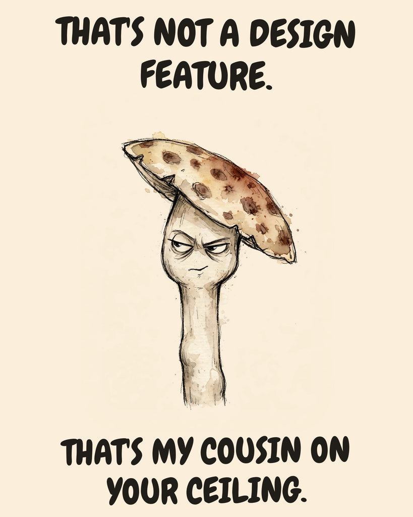 Mushroom watercolor art print with the saying "THAT'S NOT A DESIGN FEATURE. THAT'S MY COUSIN ON YOUR CEILING."