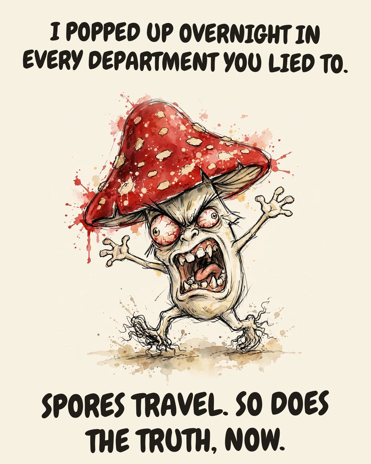 Mushroom watercolor art print with the saying "I POPPED UP OVERNIGHT IN EVERY DEPARTMENT YOU LIED TO. SPORES TRAVEL. SO DOES THE TRUTH, NOW."